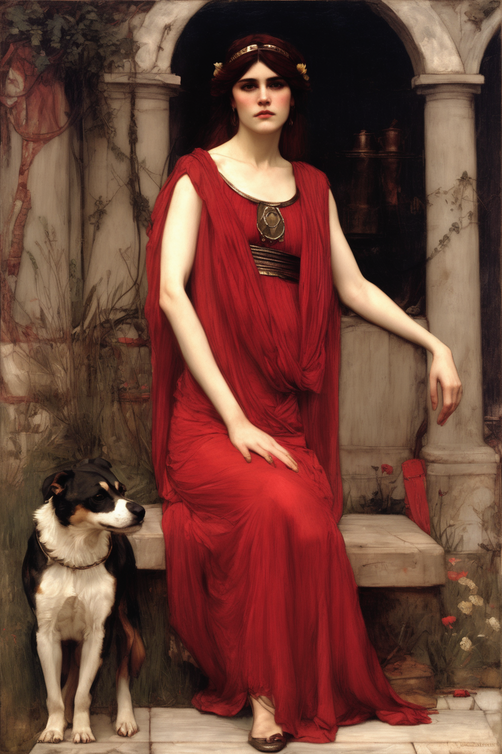 00458-3215871345-John William Waterhouse Style - A portrait of the priestress Circe wearing a lightweight crimson dress in the style of John-Will.png